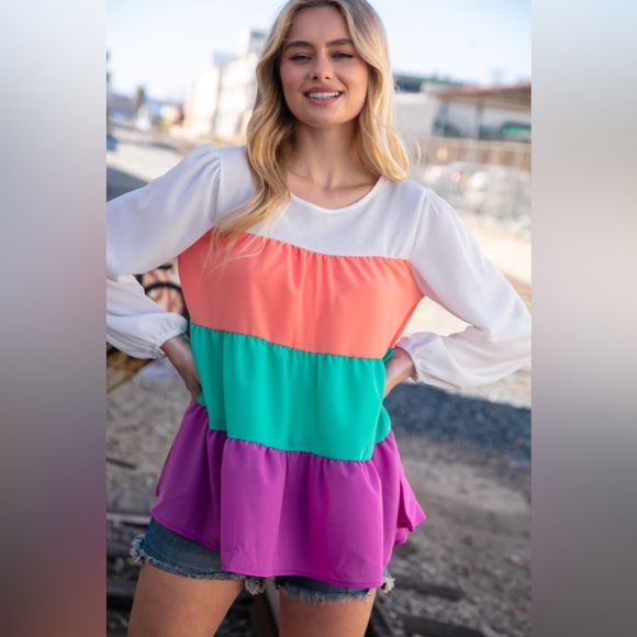 Ivory & Peach Woven Crepe Tiered Blouse - Picture 3 of 13